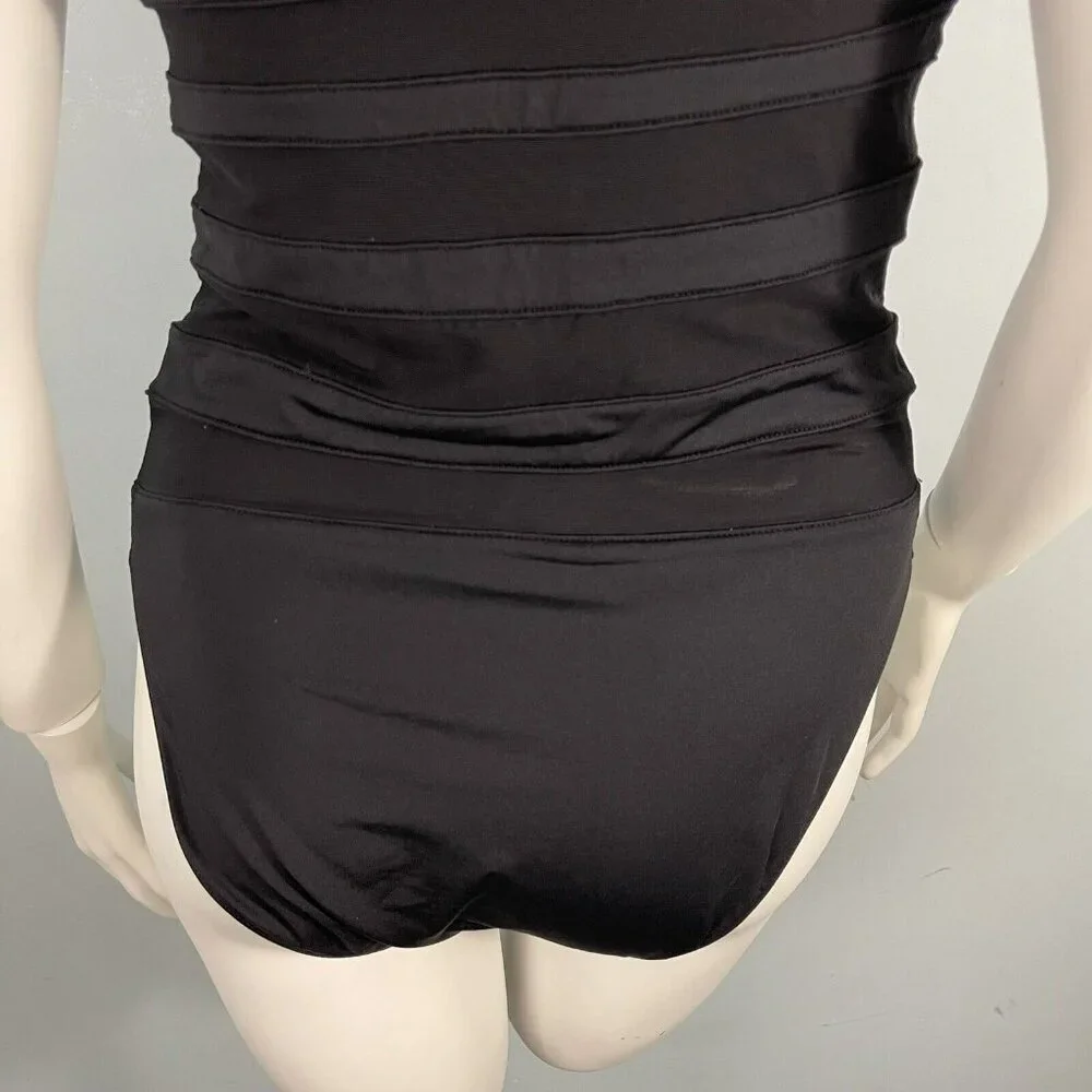 La Blanca‎ Halter Sheer Striped Slimming One Piece Swimwear Black Size 10